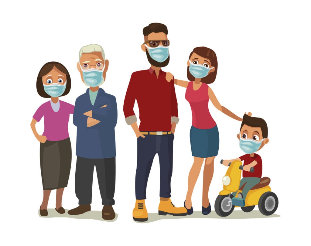 Family in blue medical masks